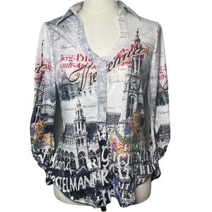 IQ Paris Graphic Print Blouse with Tied Ruched Sleeves Size S